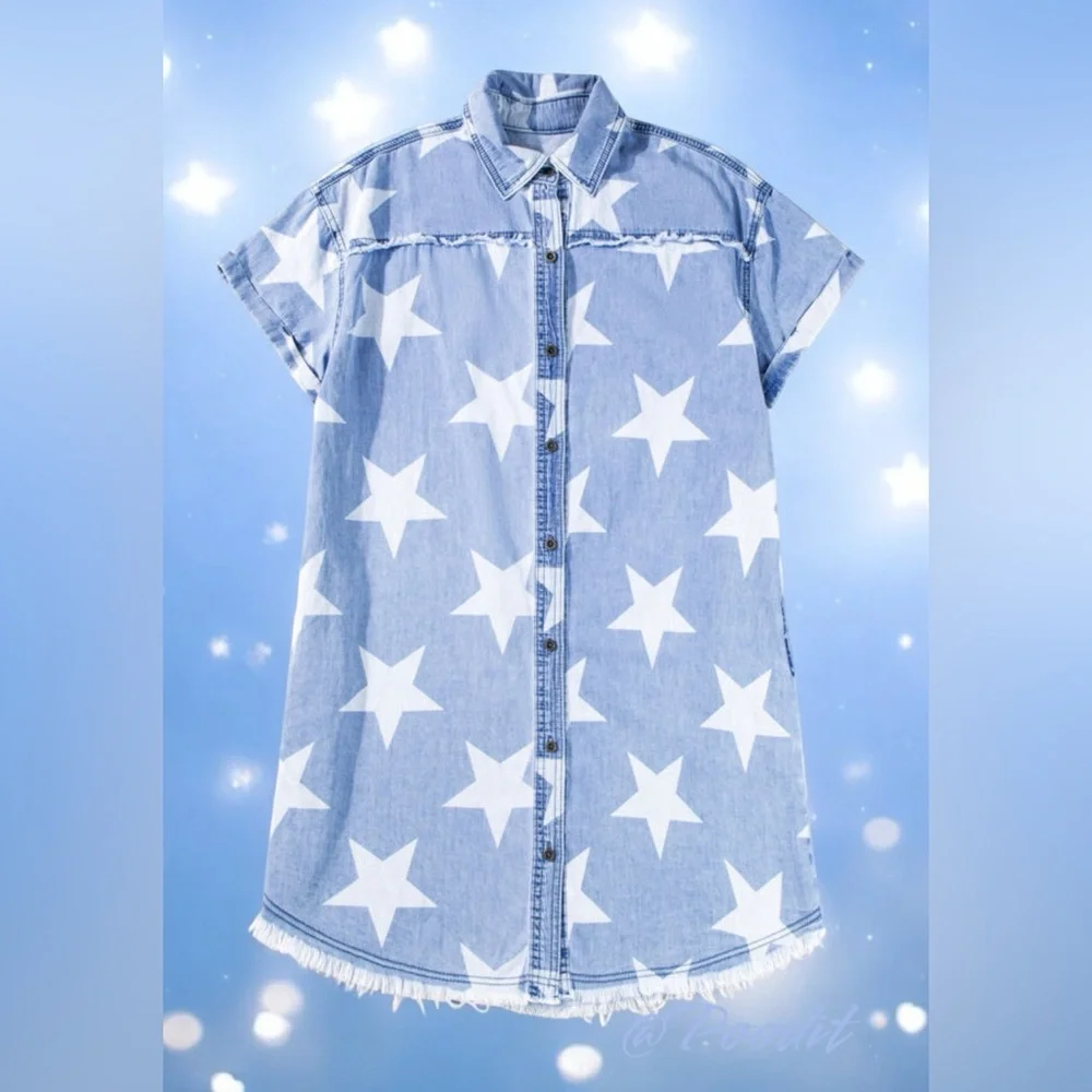 POODIT Super cute button front star dress S M XL - Picture 4 of 9
